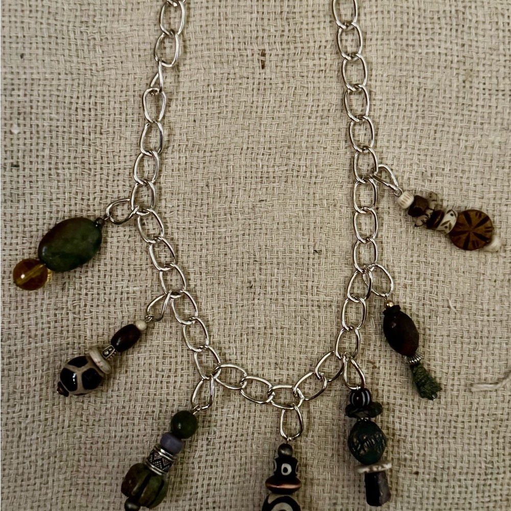 Silver Charm Necklace with Multicolor Beads
